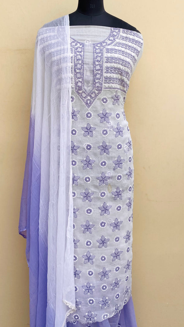 Lucknowi Chikankari Suit Length 3 Piece Purple Cotton With Jaali & Applique Work