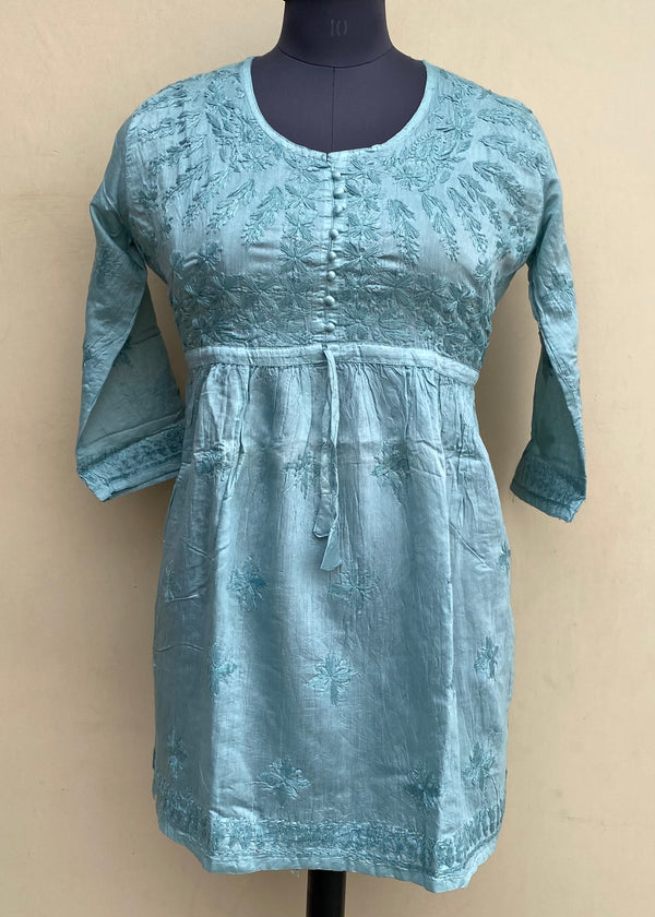 Lucknowi Chikankari Short Kurti Teal Green Mal Chanderi With Self 3D Work