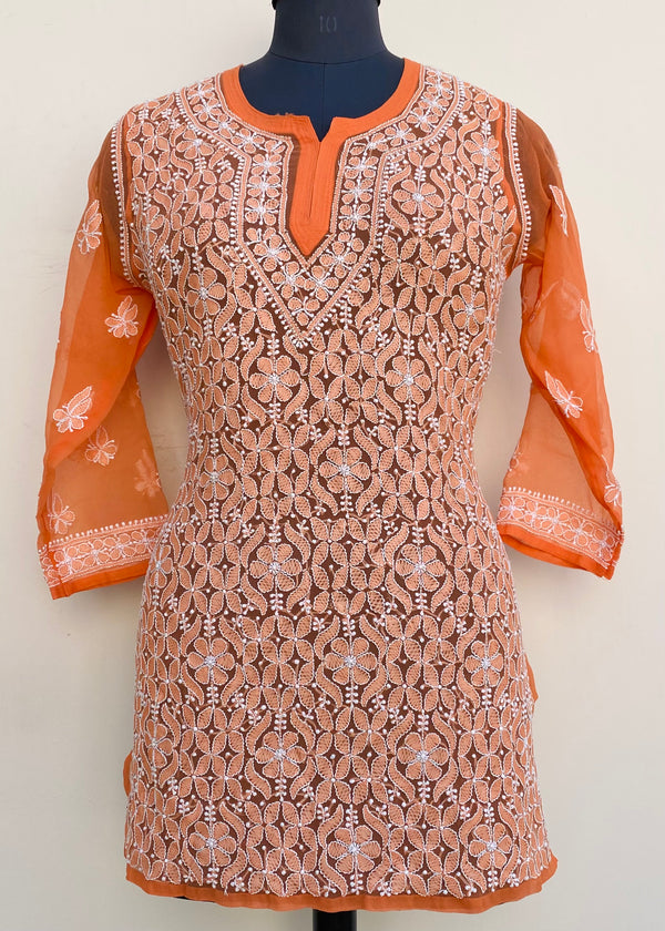 Lucknowi Chikankari Short Kurti Orange Georgette
