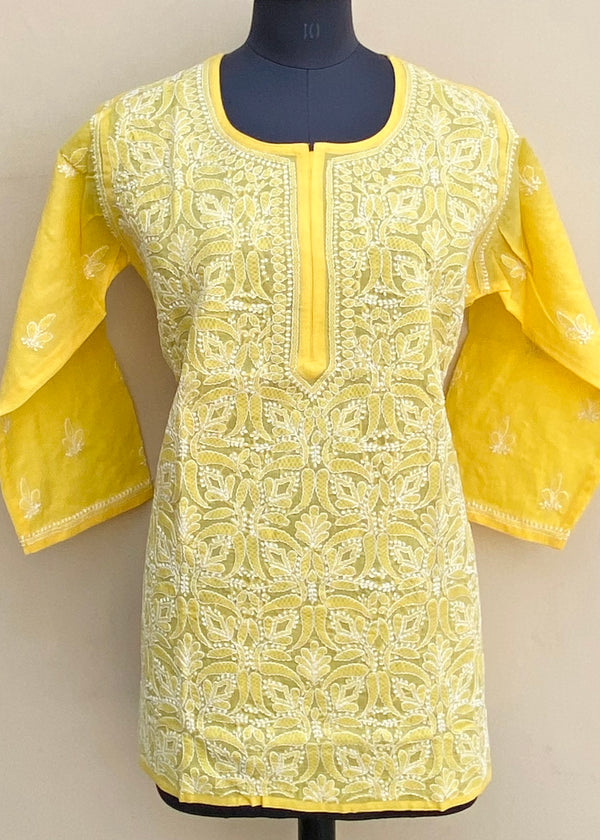 Lucknowi Chikankari Short Kurti Yellow Cotton