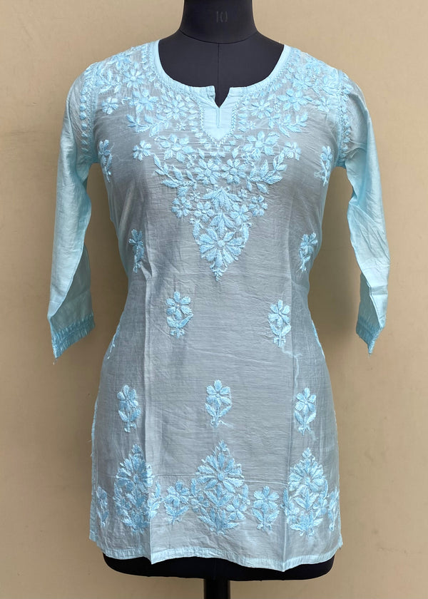 Lucknowi Chikankari Short Kurti Blue Mal Chanderi With Self 3D Work