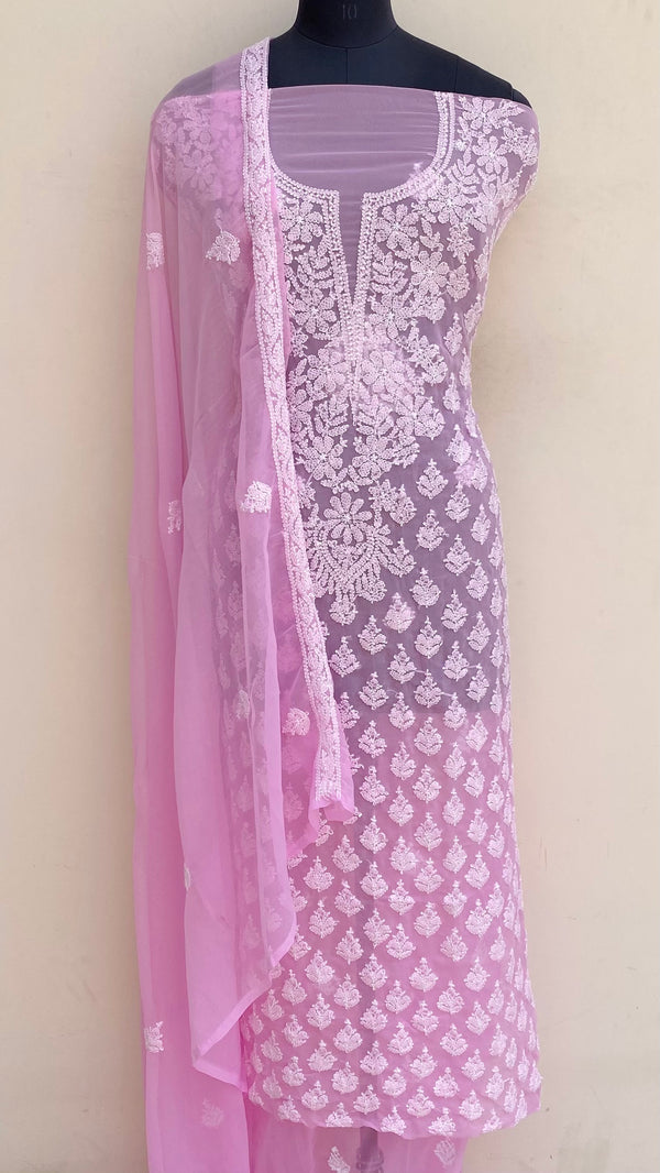 Lucknowi Chikankari Suit Length 3 Piece Pink Georgette
