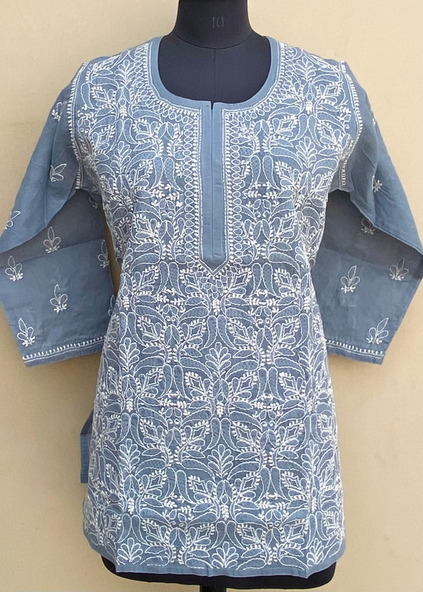 Lucknowi Chikankari Short Kurti Gray Cotton