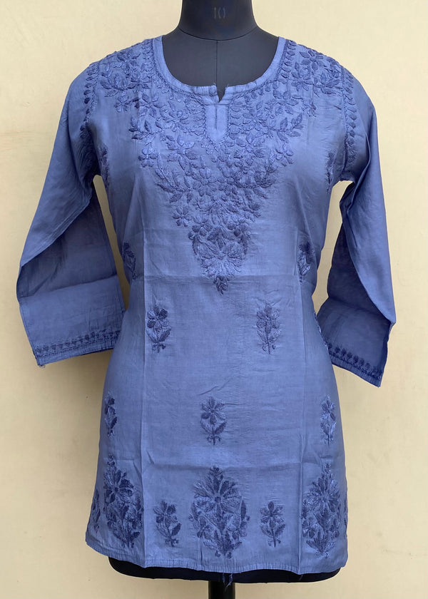 Lucknowi Chikankari Short Kurti Blue Mal Chanderi With Self 3D Work