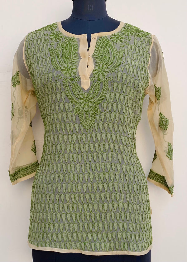 Lucknowi Chikankari Short Kurti Beige Georgette