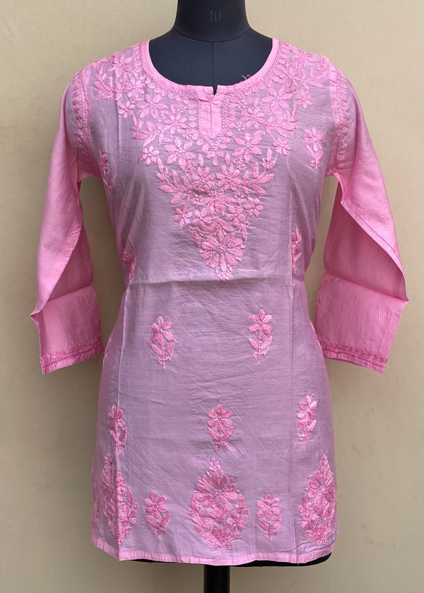 Lucknowi Chikankari Short Kurti Pink Mal Chanderi With Self 3D Work