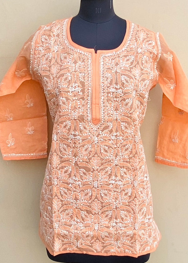 Lucknowi Chikankari Short Kurti Peach Cotton