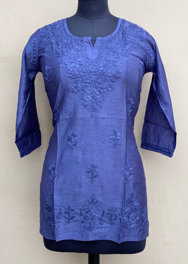 Lucknowi Chikankari Short Kurti Blue Mal Chanderi With Self 3D Work