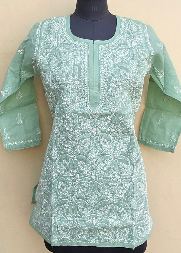 Lucknowi Chikankari Short Kurti Teal Green Cotton