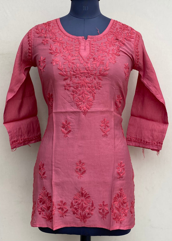 Lucknowi Chikankari Short Kurti Red Mal Chanderi With Self 3D Work