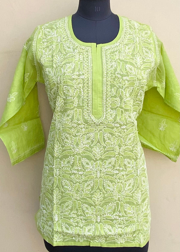 Lucknowi Chikankari Short Kurti Parrot Green Cotton