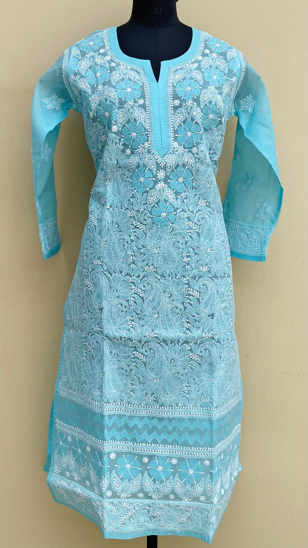 Lucknowi Chikankari Kurti Blue Cotton With Applique Work