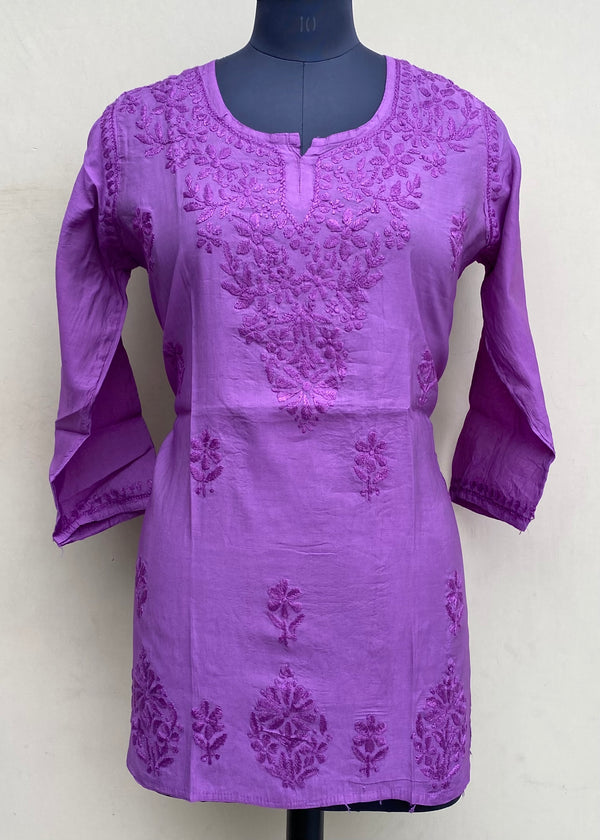 Lucknowi Chikankari Short Kurt Purple Mal Chanderi With Self 3D Work