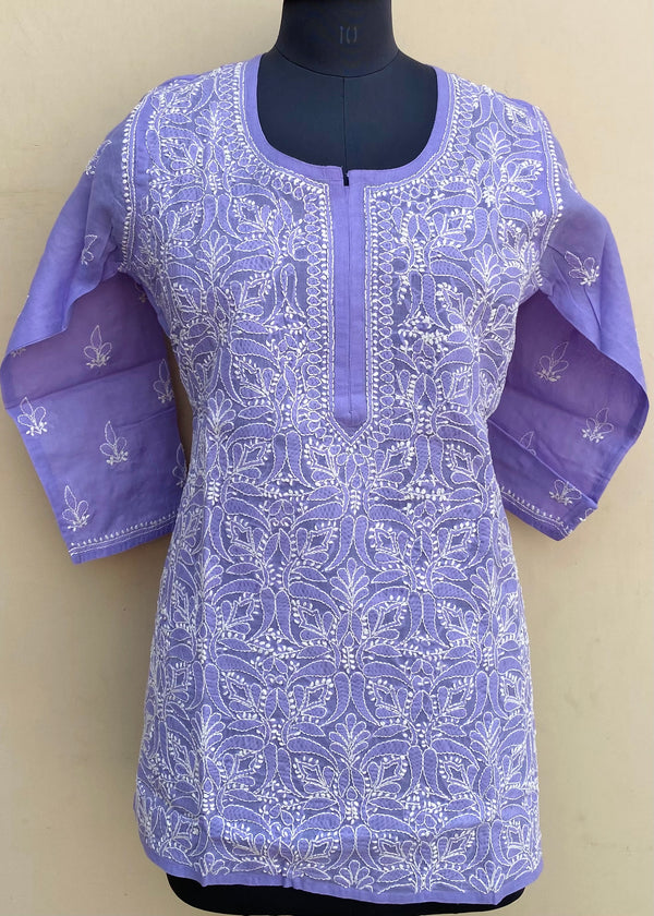 Lucknowi Chikankari Short Kurti Purple Cotton