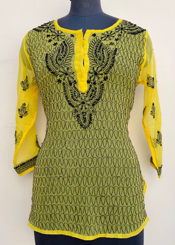 Lucknowi Chikankari Short Kurti Yellow Georgette