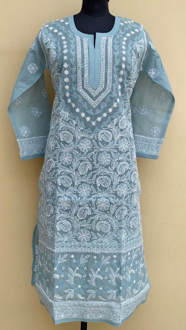 Lucknowi Chikankari Kurti Gray Cotton With Applique Work