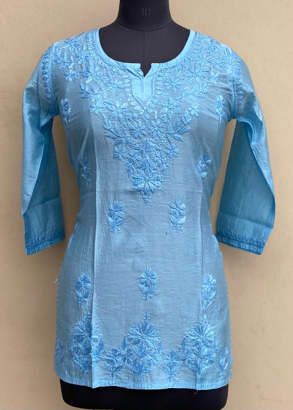 Lucknowi Chikankari Short Kurt Blue Mal Chanderi With Self 3D Work