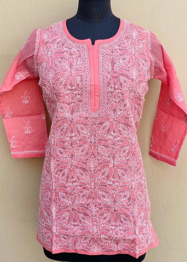 Lucknowi Chikankari Short Kurti Pink Cotton