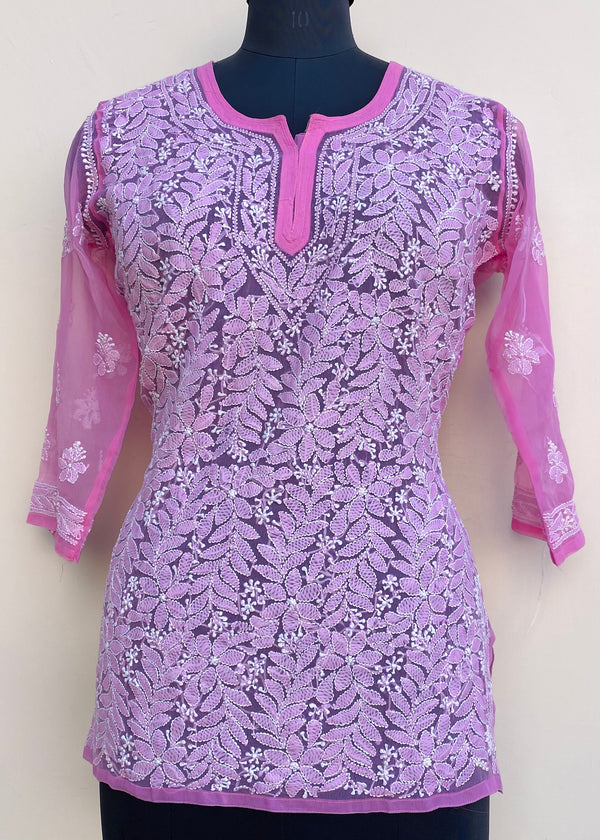Lucknowi Chikankari Short Kurti Pink Georgette
