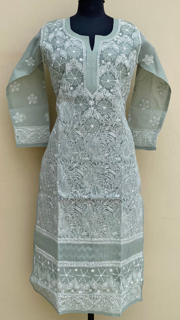 Lucknowi Chikankari Kurti Gray Cotton With Applique Work