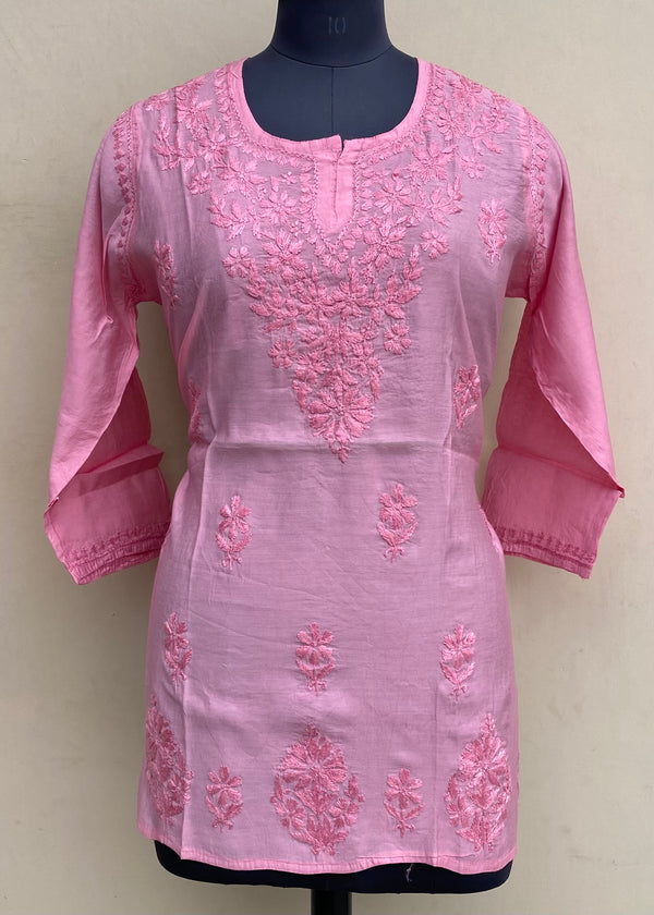 Lucknowi Chikankari Short Kurt Pink Mal Chanderi With Self 3D Work