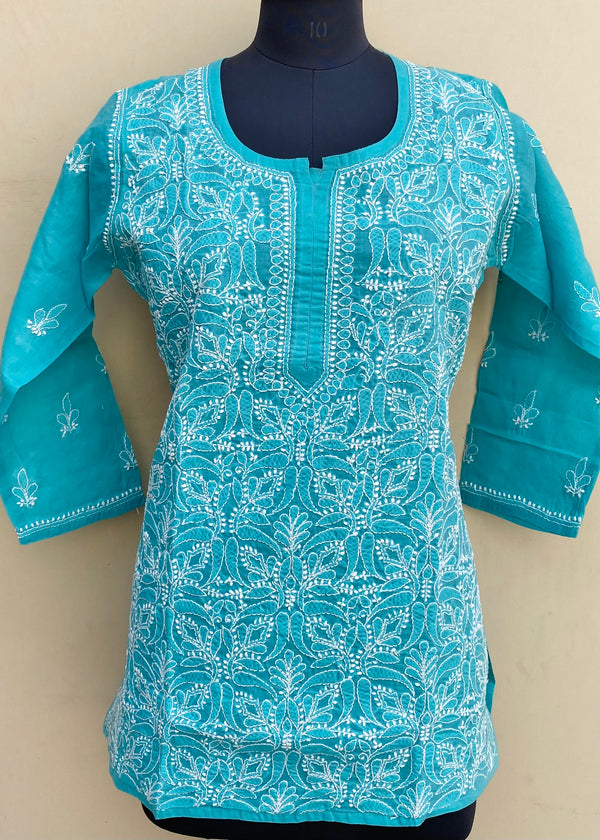 Lucknowi Chikankari Short Kurti Sea Green Cotton