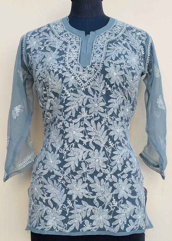 Lucknowi Chikankari Short Kurti Gray Georgette