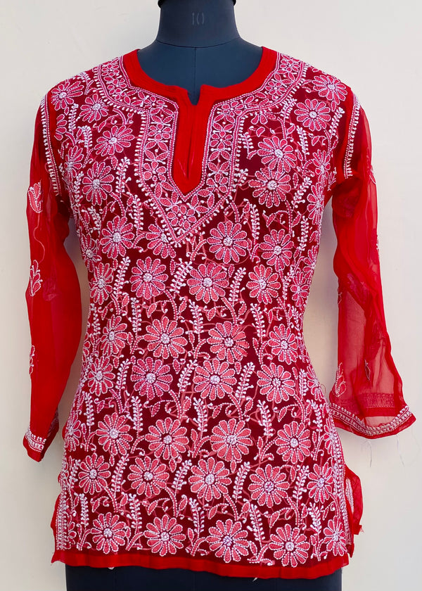 Lucknowi Chikankari Short Kurti Red Georgette