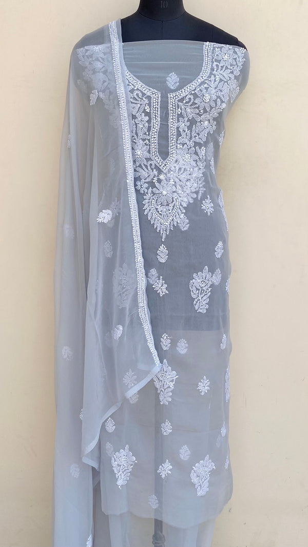 Lucknowi Chikankari Suit Length 3 Piece Gray Georgette
