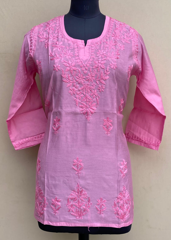 Lucknowi Chikankari Short Kurt Pink Mal Chanderi With Self 3D Work