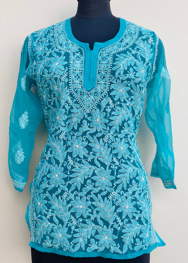 Lucknowi Chikankari Short Kurti Sea Green Georgette
