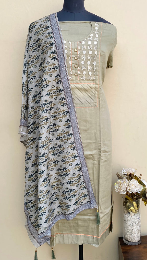 Designer Embroidered Suit Length 3 Piece Gray Mal Cotton