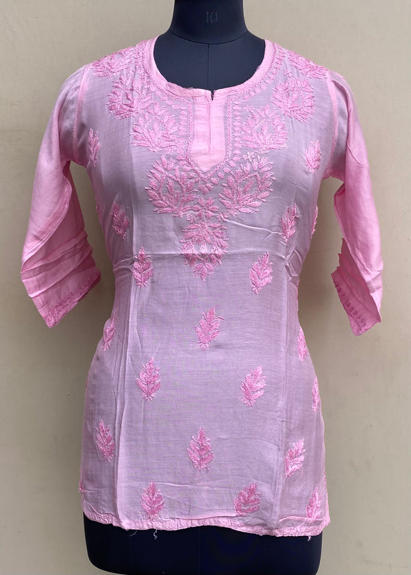 Lucknowi Chikankari Short Kurt Pink Mal Chanderi With Self 3D Work