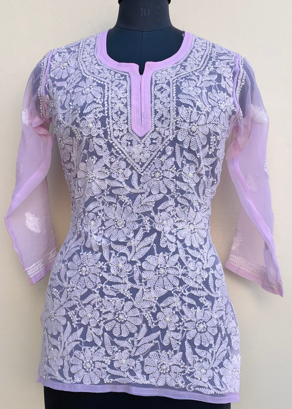 Lucknowi Chikankari Short Kurti Pink Georgette