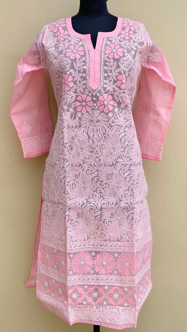 Lucknowi Chikankari Kurti Pink Cotton With Applique Work