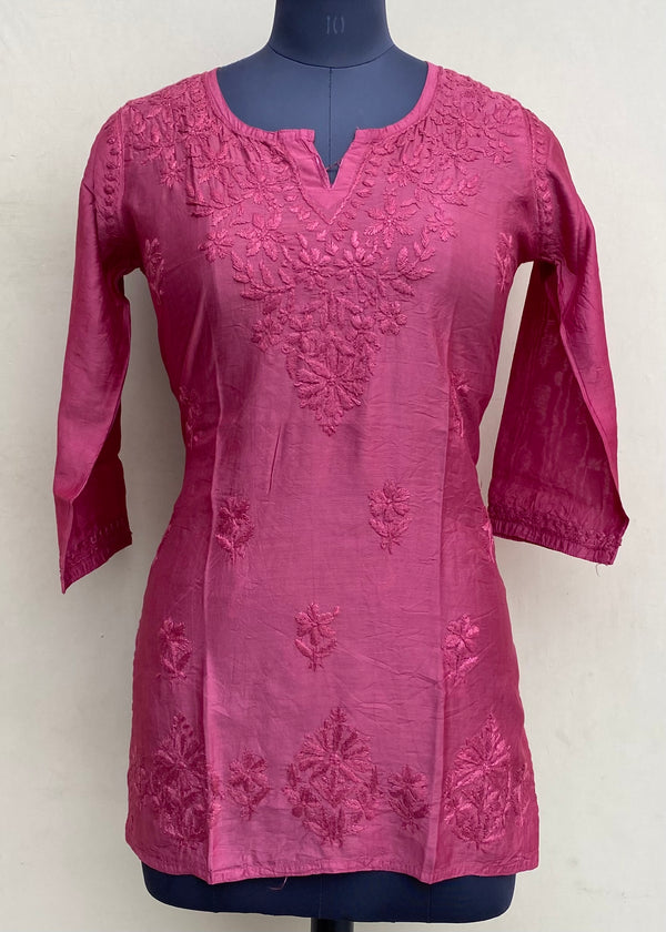 Lucknowi Chikankari Short Kurti Maroon Mal Chanderi With Self 3D Work