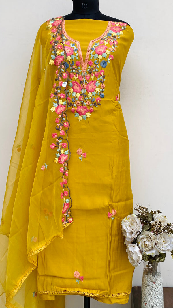 Designer Embroidered Suit Length 3 Piece Mustard Mal Cotton With Parsi Work