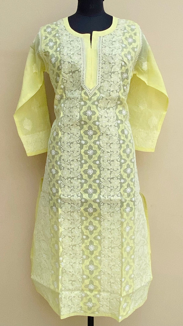 Lucknowi Chikankari Kurti  Lemon Yellow Cotton With Applique Work