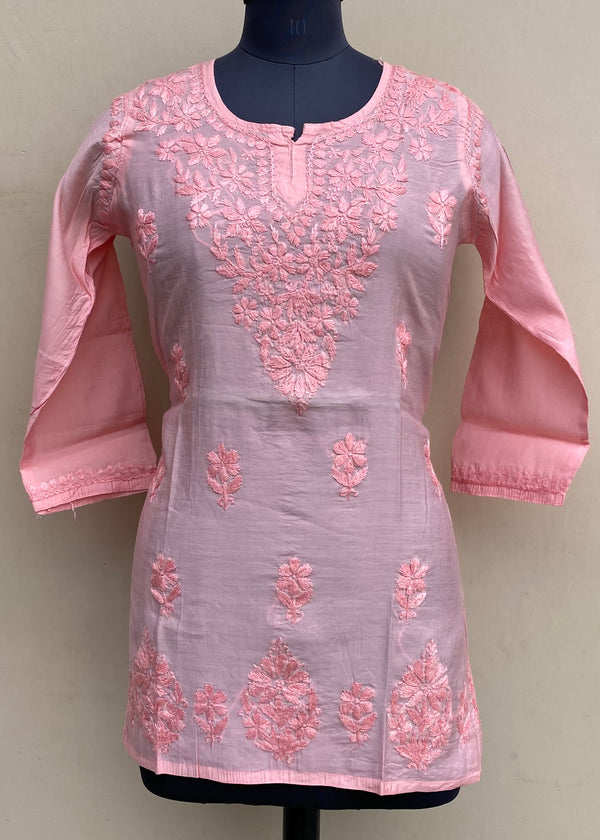 Lucknowi Chikankari Short Kurti Peach Mal Chanderi With Self 3D Work