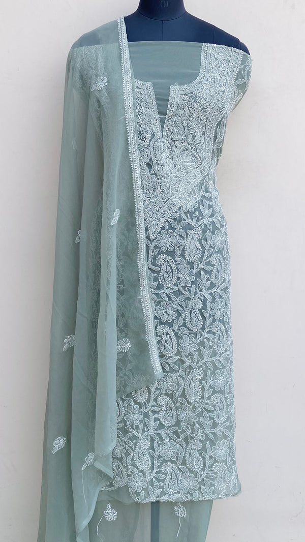 Lucknowi Chikankari Suit Length 3 Piece Gray Georgette
