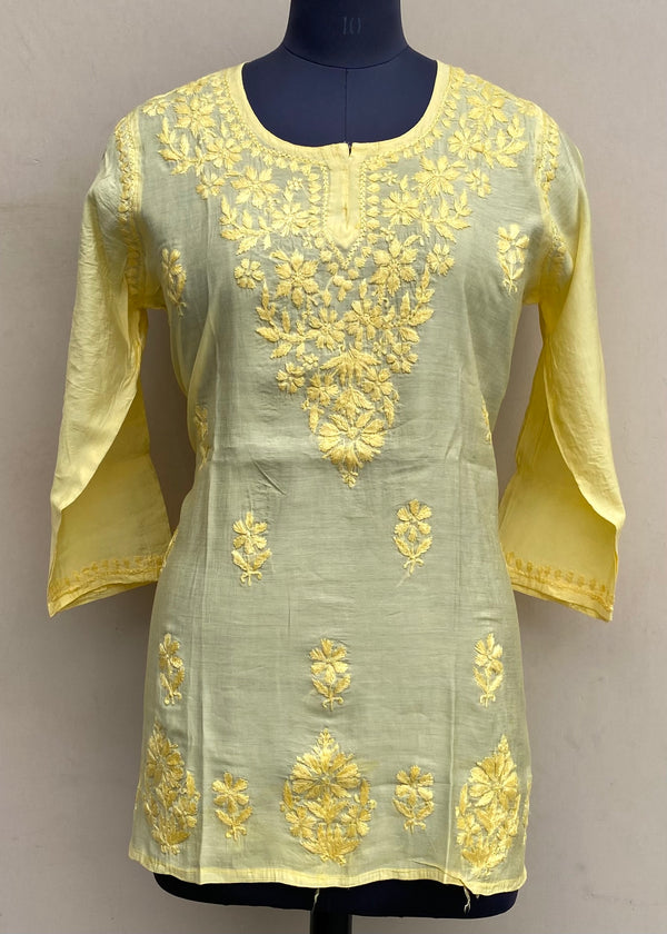 Lucknowi Chikankari Short Kurti Yellow Mal Chanderi With Self 3D Work