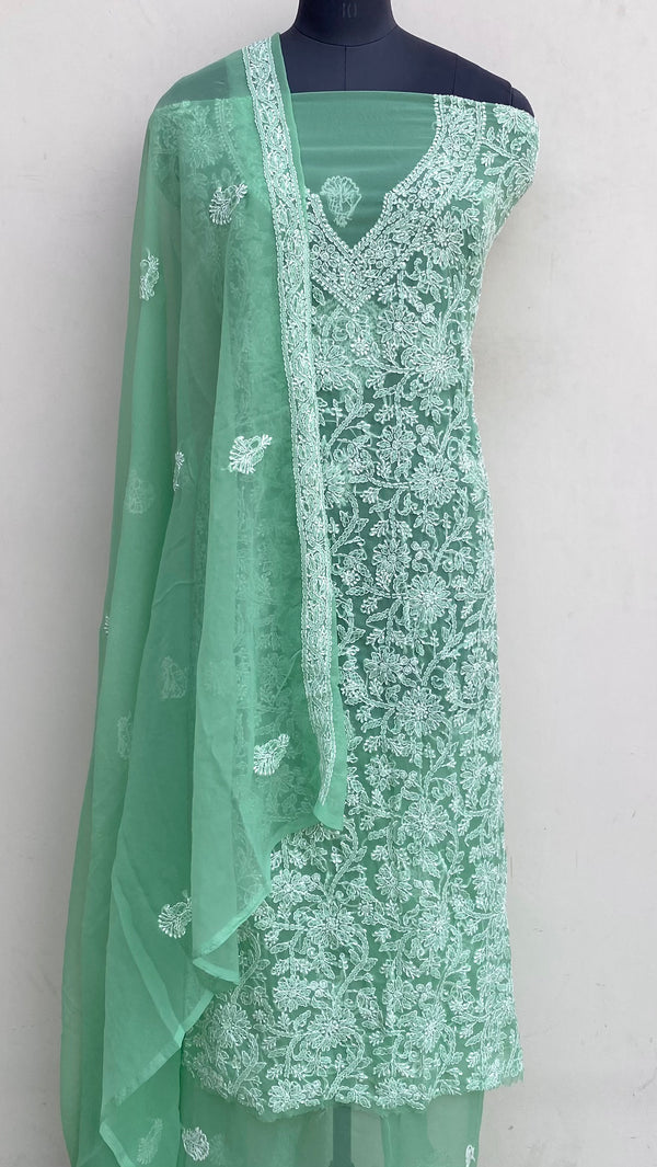 Lucknowi Chikankari Suit Length 3 Piece Green Georgette