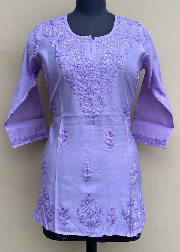 Lucknowi Chikankari Short Kurti Purple Mal Chanderi With Self 3D Work