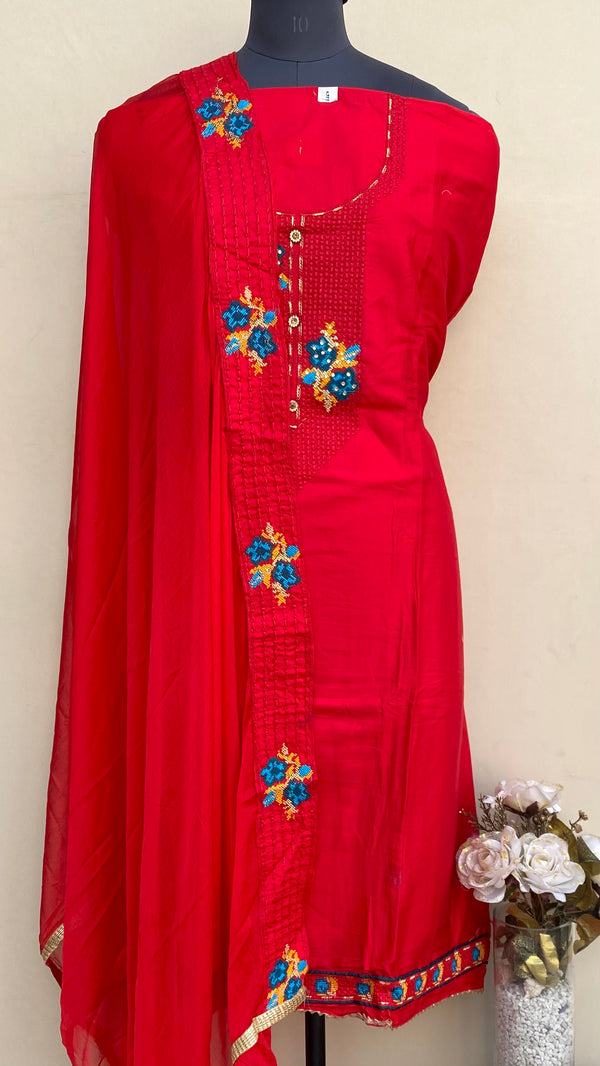 Designer Embroidered Suit Length 3 Piece Red Mal Cotton