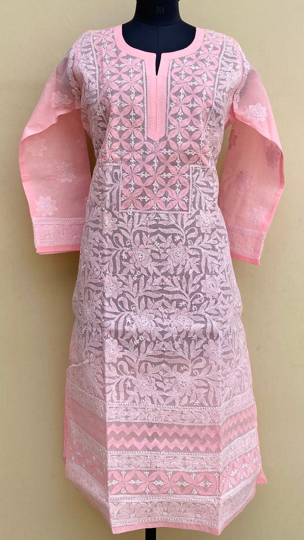 Lucknowi Chikankari Kurti Pink Cotton With Applique Work