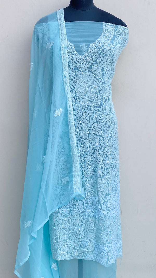 Lucknowi Chikankari Suit Length 3 Piece Blue Georgette