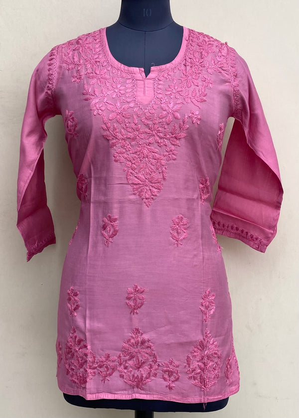 Lucknowi Chikankari Short Kurti Pink Mal Chanderi With Self 3D Work