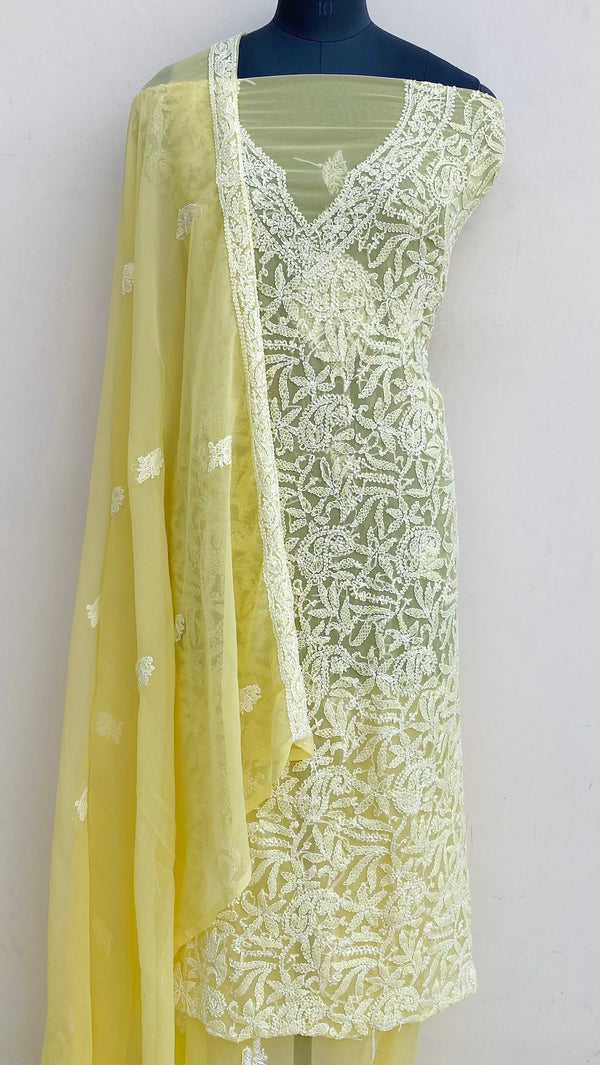 Lucknowi Chikankari Suit Length 3 Piece Yellow Georgette