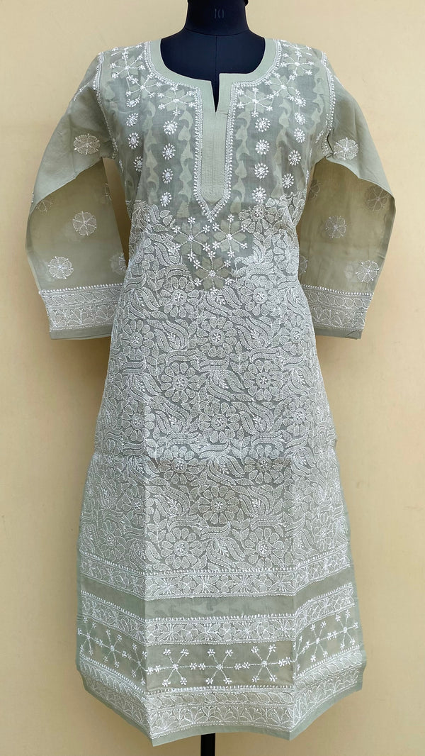 Lucknowi Chikankari Kurti Gray Cotton With Applique Work