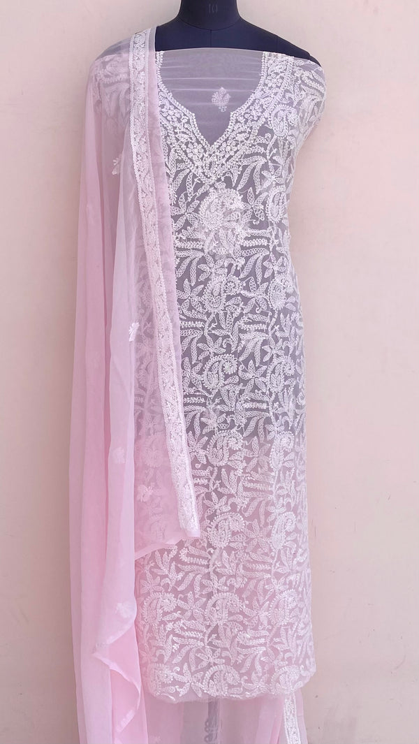 Lucknowi Chikankari Suit Length 3 Piece Pink Georgette